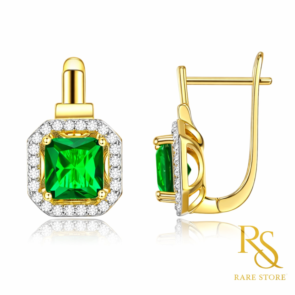 RARE STORE Lab Emerald & Diamond Hoop Earrings | 9K Yellow Gold