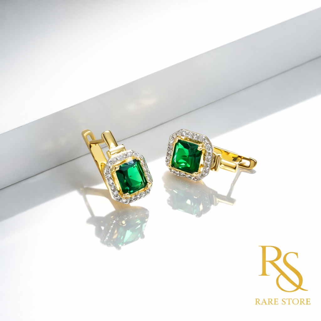 RARE STORE Lab Emerald & Diamond Hoop Earrings | 9K Yellow Gold