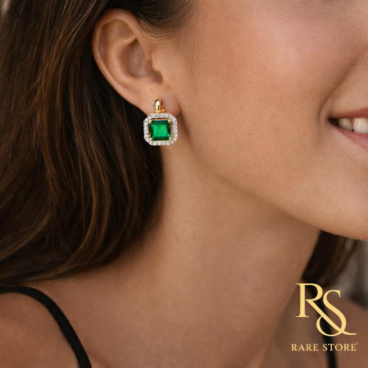 RARE STORE Lab Emerald & Diamond Hoop Earrings | 9K Yellow Gold